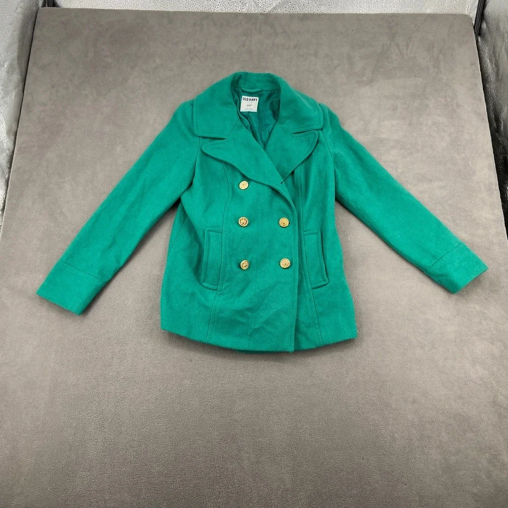 Old Navy Womens‎ Emerald Green Wool Blend Pea Coat Gold Buttons Size Small 4941